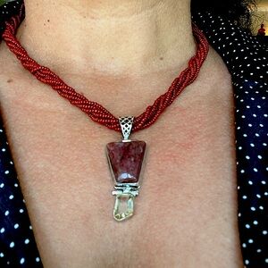 Maroon Red Beaded Necklace with Gemstone Pendant